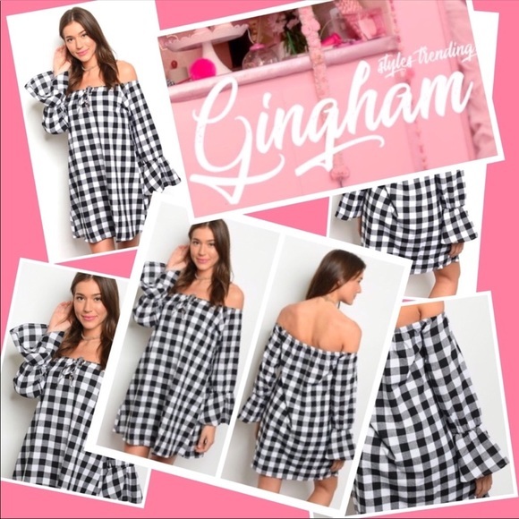 ✨Black and White Gingham Checked Off the Shoulder Slip-Shift Dress✨Tunic✨New‎ - Picture 2 of 8